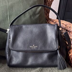 kate spade Black Pebbled Leather Top-Handle Shoulder Bag with Tassel